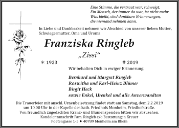 Traueranzeige von Franziska Ringleb von Rheinische Post