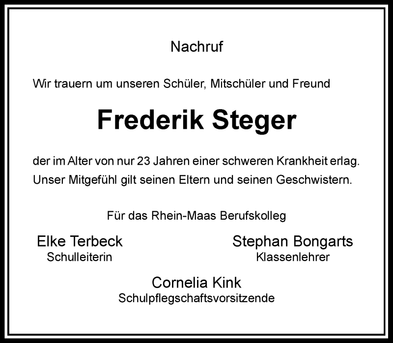  Traueranzeige für Frederik Steger vom 19.01.2019 aus Rheinische Post