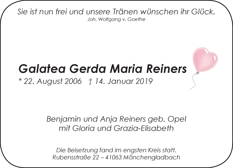  Traueranzeige für Galatea Gerda Maria Reiners vom 26.01.2019 aus Rheinische Post
