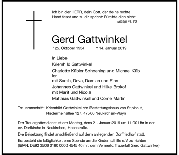 Traueranzeige von Gerd Gattwinkel von Rheinische Post