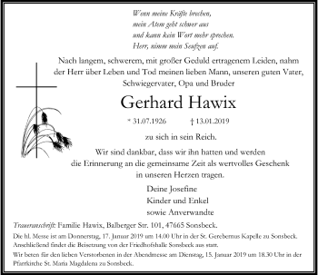 Traueranzeige von Gerhard Hawix von Rheinische Post