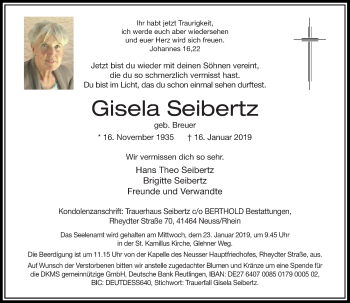 Traueranzeige von Gisela Seibertz von Rheinische Post