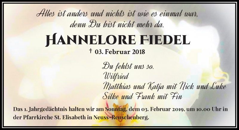  Traueranzeige für Hannelore Fiedel vom 26.01.2019 aus Rheinische Post