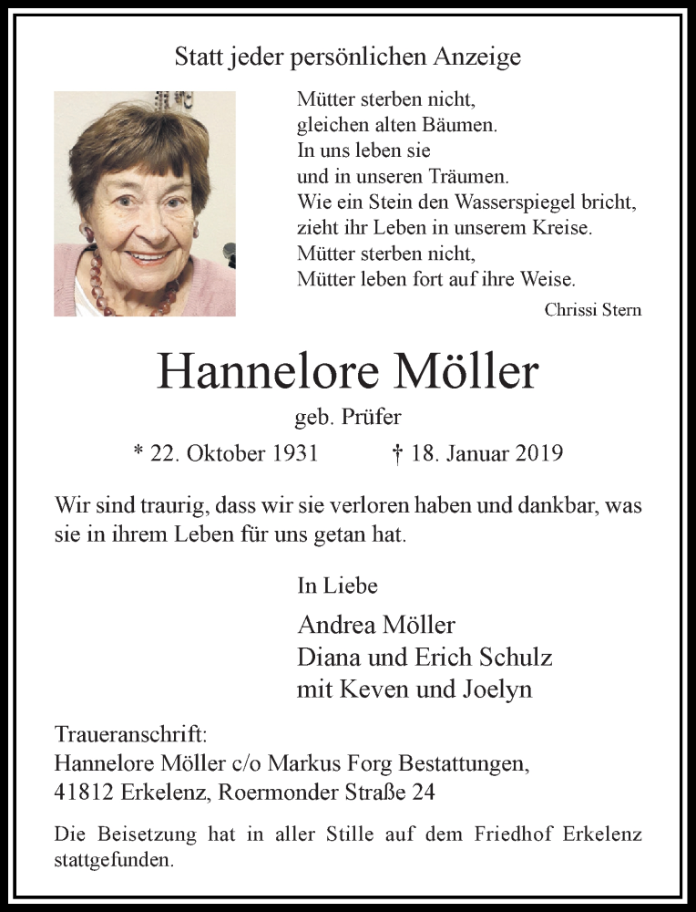  Traueranzeige für Hannelore Möller vom 26.01.2019 aus Rheinische Post