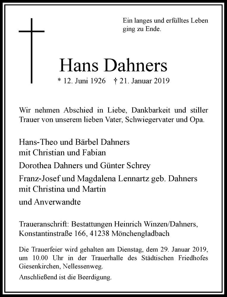  Traueranzeige für Hans Dahners vom 26.01.2019 aus Rheinische Post