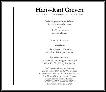 Traueranzeige von Hans-Karl Greven von Rheinische Post