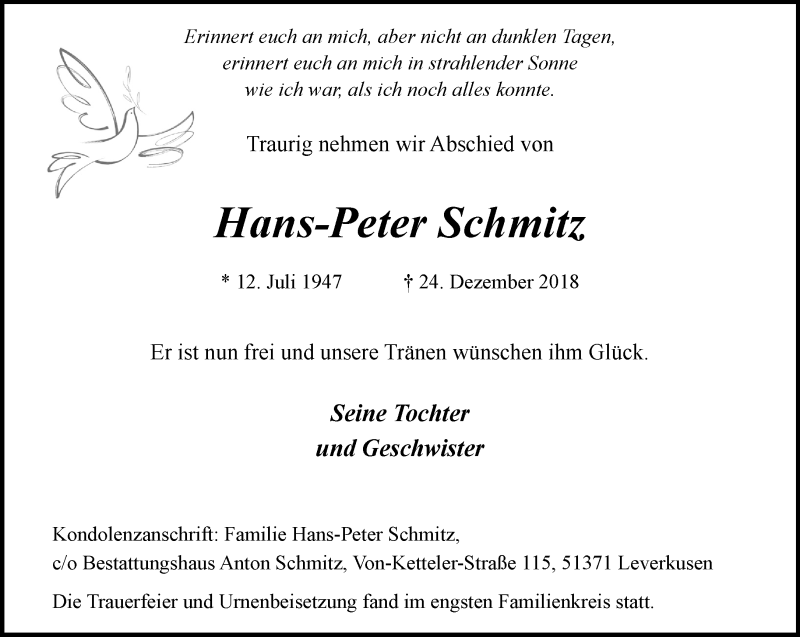  Traueranzeige für Hans-Peter Schmitz vom 26.01.2019 aus Rheinische Post