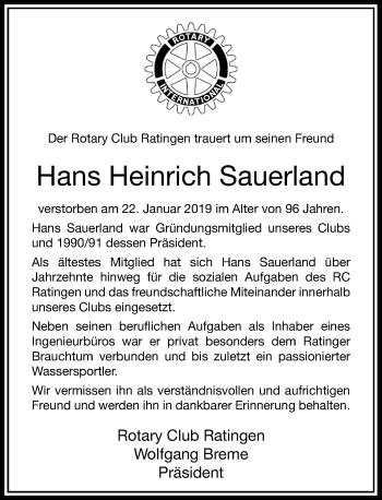 Traueranzeige von Hans Heinrich Sauerland von Rheinische Post