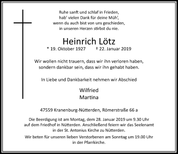 Traueranzeige von Heinrich Lötz von Rheinische Post