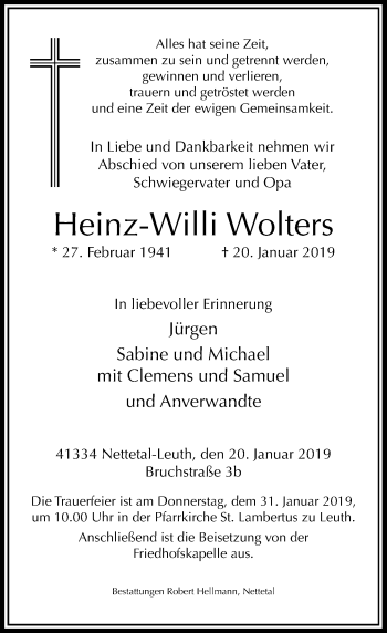 Traueranzeige von Heinz-Willi Wolters von Rheinische Post