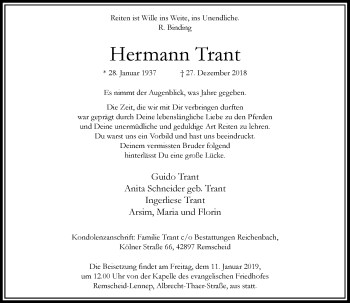 Traueranzeige von Hermann Trant von Rheinische Post