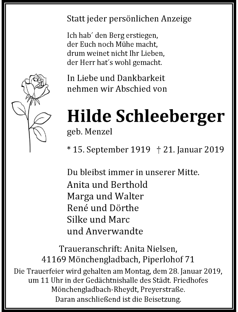  Traueranzeige für Hilde Schleeberger vom 23.01.2019 aus Rheinische Post