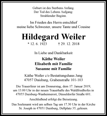 Todesanzeige von Hildegard Weiler von Rheinische Post