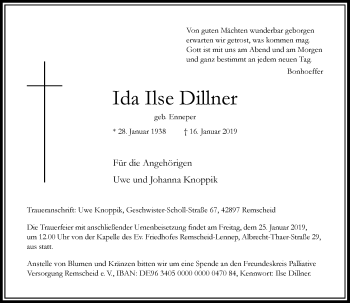 Traueranzeige von Ida Ilse Dillner von Rheinische Post