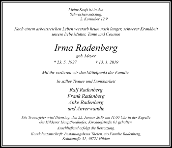 Traueranzeige von Irma Radenberg von Rheinische Post