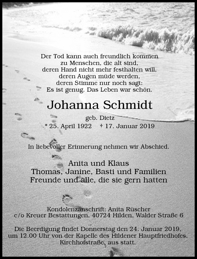  Traueranzeige für Johanna Schmidt vom 23.01.2019 aus Rheinische Post