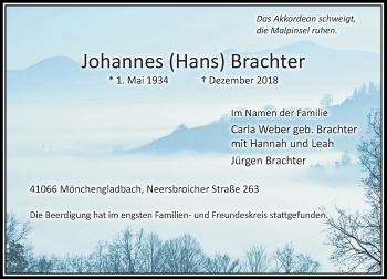 Traueranzeige von Johannes Hans Brachter von Rheinische Post