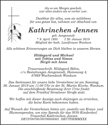 Traueranzeige von Kathrinchen Jennen von Rheinische Post