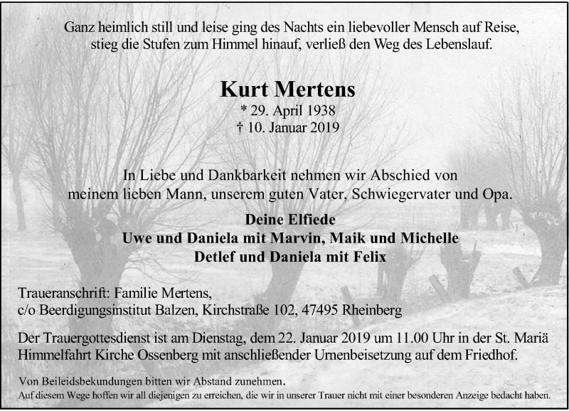  Traueranzeige für Kurt Mertens vom 15.01.2019 aus Rheinische Post