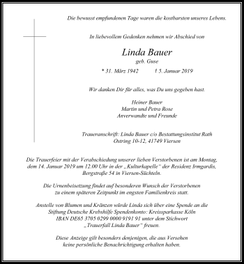 Traueranzeige von Linda Bauer von Rheinische Post