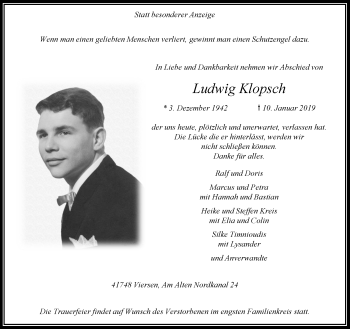 Traueranzeige von Ludwig Klopsch von Rheinische Post