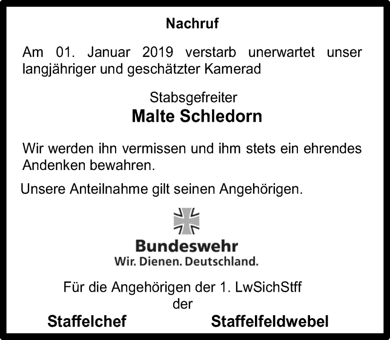  Traueranzeige für Malte Schledorn vom 14.01.2019 aus Rheinische Post
