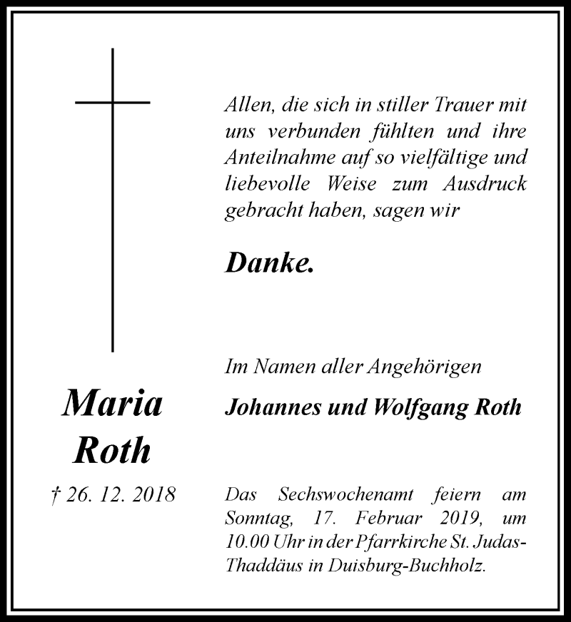  Traueranzeige für Maria Roth vom 19.01.2019 aus Rheinische Post