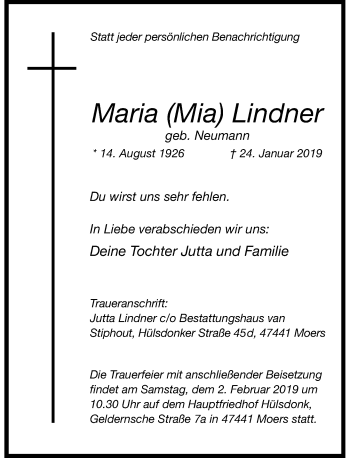Traueranzeige von Maria Mia Lindner von Rheinische Post
