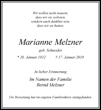 Traueranzeige von Marianne Melzner von Rheinische Post