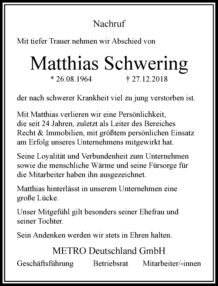  Traueranzeige für Matthias Schwering vom 09.01.2019 aus Rheinische Post