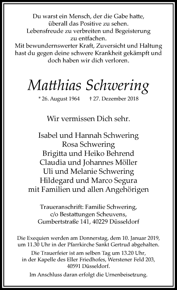  Traueranzeige für Matthias Schwering vom 05.01.2019 aus Rheinische Post