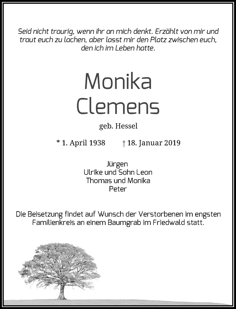  Traueranzeige für Monika Clemens vom 21.01.2019 aus Rheinische Post