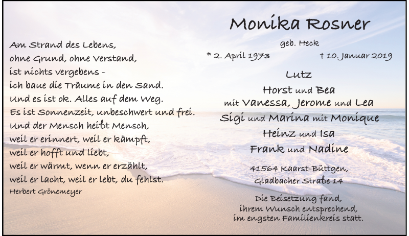  Traueranzeige für Monika Rosner vom 19.01.2019 aus Rheinische Post