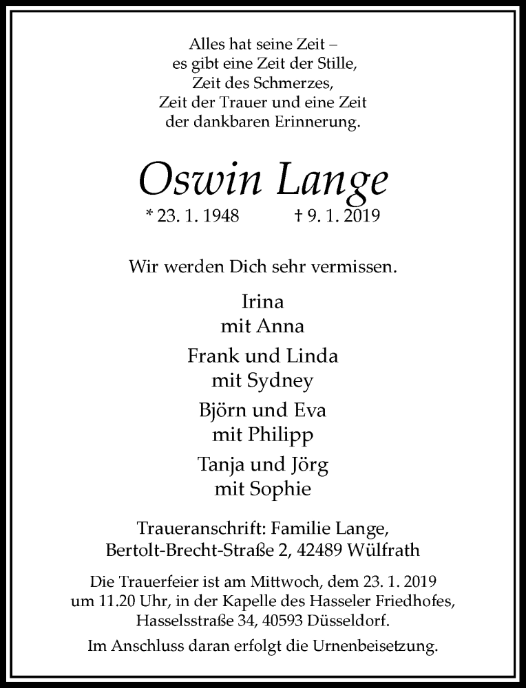  Traueranzeige für Oswin Lange vom 12.01.2019 aus Rheinische Post
