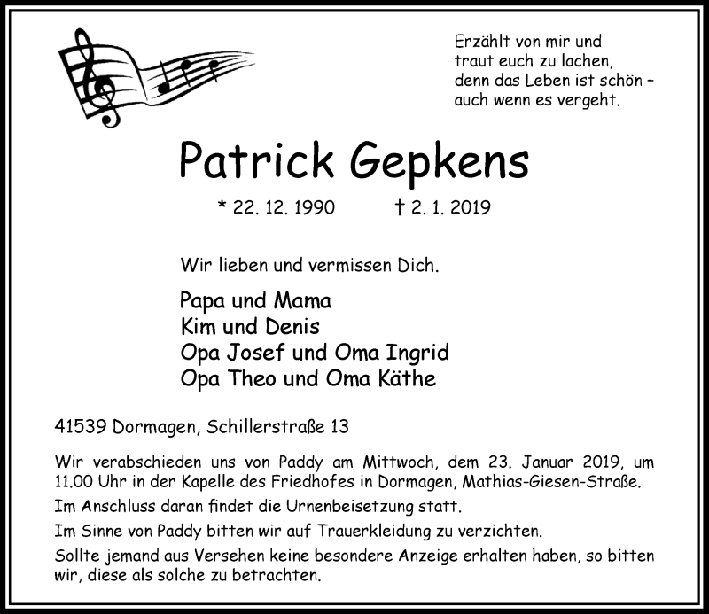  Traueranzeige für Patrick Gepkens vom 12.01.2019 aus Rheinische Post