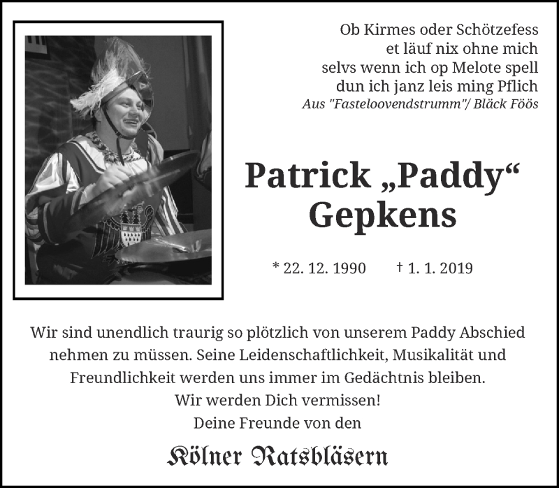  Traueranzeige für Patrick Gepkens vom 09.01.2019 aus Rheinische Post