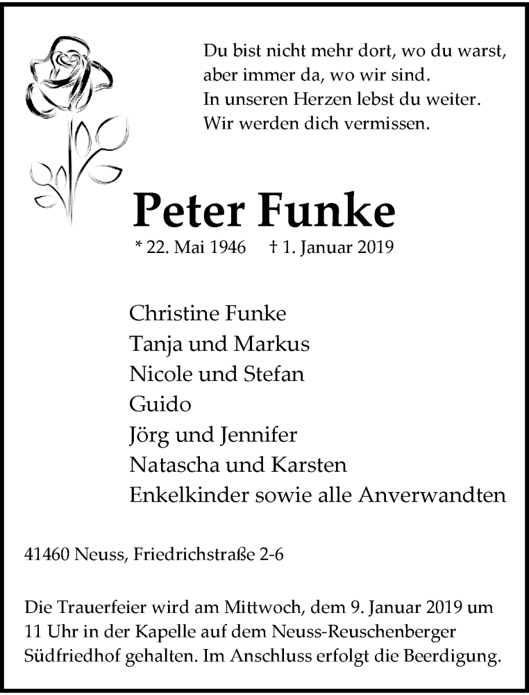  Traueranzeige für Peter Funke vom 05.01.2019 aus Rheinische Post