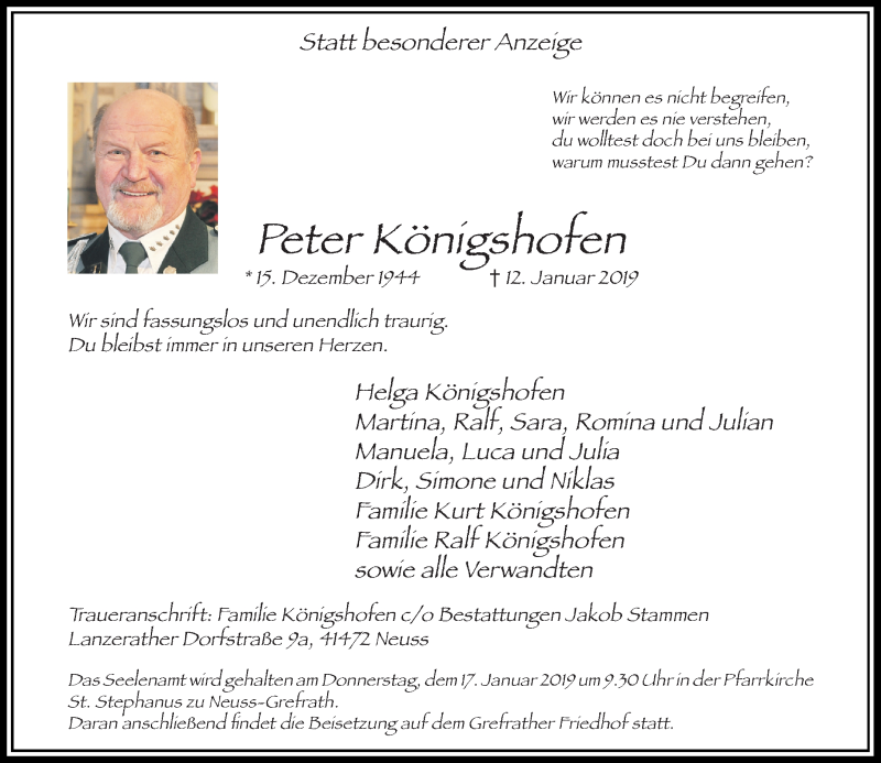  Traueranzeige für Peter Königshofen vom 15.01.2019 aus Rheinische Post