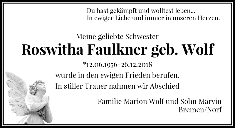  Traueranzeige für Roswitha Faulkner vom 12.01.2019 aus Rheinische Post
