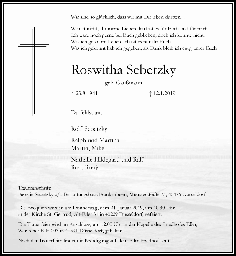  Traueranzeige für Roswitha Sebetzky vom 19.01.2019 aus Rheinische Post