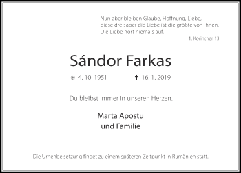 Traueranzeige von Sandor Farkas von Rheinische Post