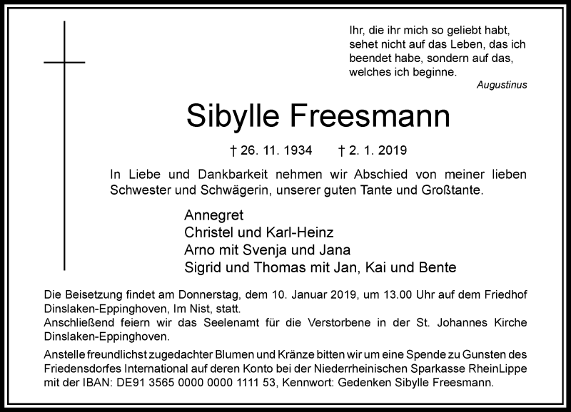  Traueranzeige für Sibylle Freesmann vom 10.01.2019 aus Rheinische Post