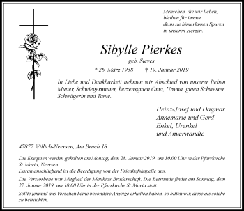 Traueranzeige von Sibylle Pierkes von Rheinische Post