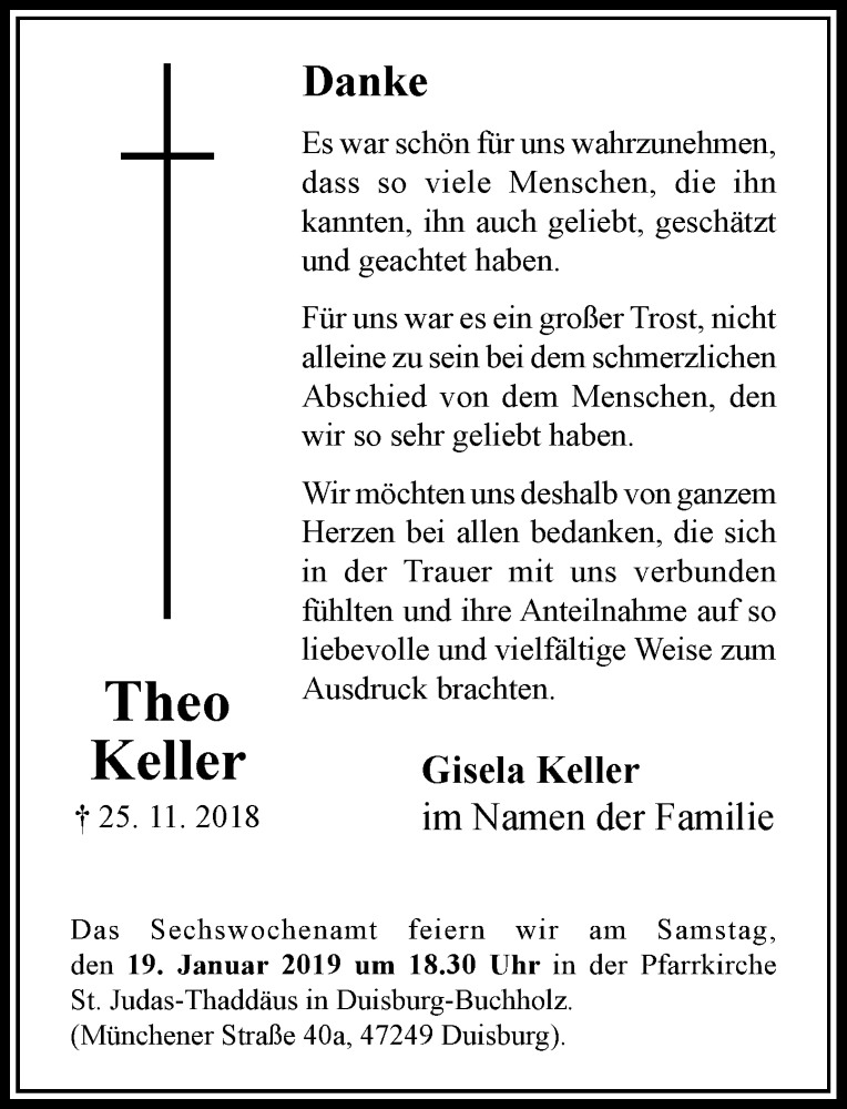  Traueranzeige für Theo Keller vom 15.01.2019 aus Rheinische Post