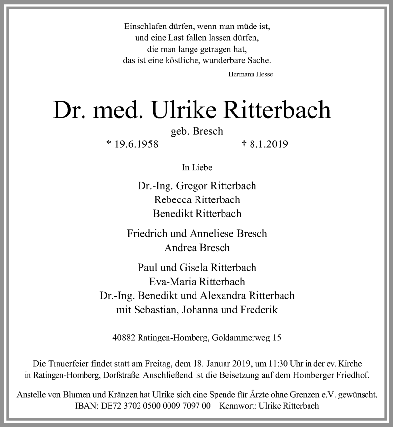  Traueranzeige für Ulrike Ritterbach vom 12.01.2019 aus Rheinische Post