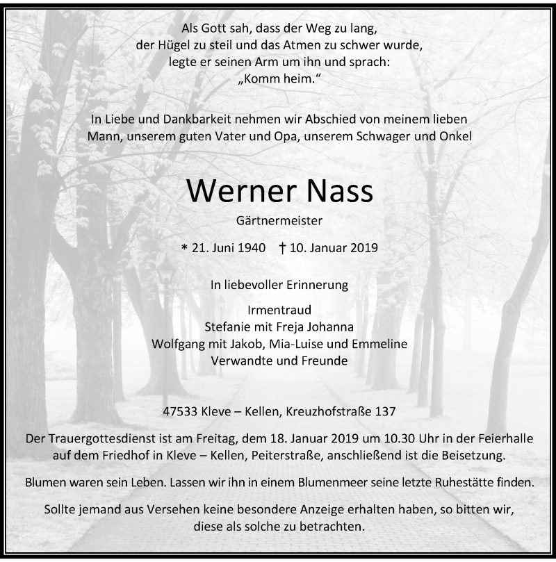  Traueranzeige für Werner Nass vom 15.01.2019 aus Rheinische Post
