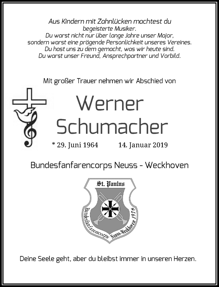  Traueranzeige für Werner Schumacher vom 19.01.2019 aus Rheinische Post