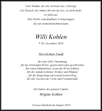 Traueranzeige von Willi Kohlen von Rheinische Post