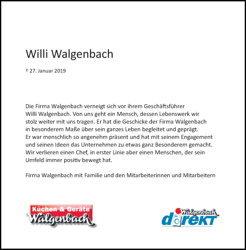  Traueranzeige für Willi Walgenbach vom 29.01.2019 aus Rheinische Post
