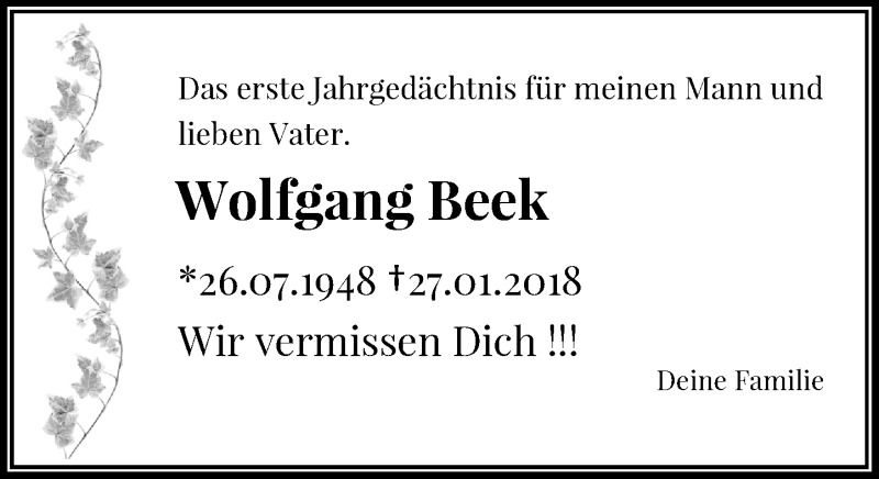  Traueranzeige für Wolfgang Beek vom 28.01.2019 aus Rheinische Post